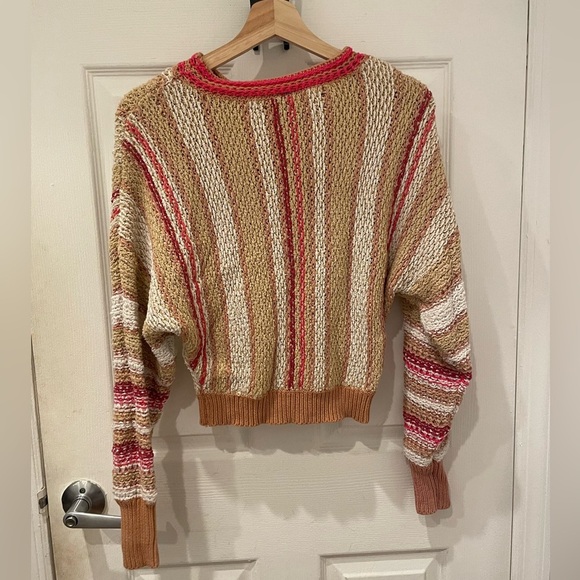 Free People Tan and Pink Crew Neck Sweater with Vintage Stripes - Picture 2 of 5